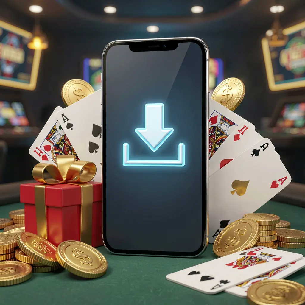 Smartphone showing a download icon surrounded by golden coins, a gift box, and playing cards in a modern mobile gaming atmosphere for 6444JILI casino app download concept