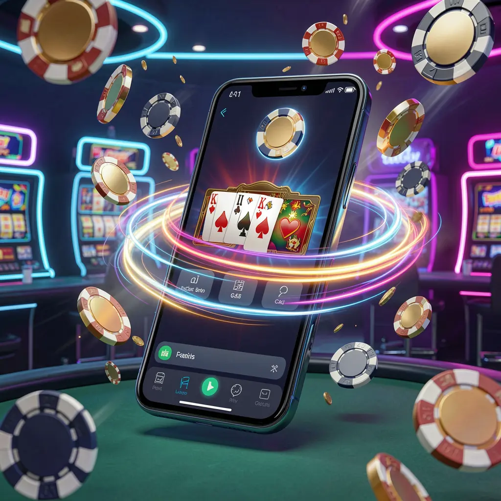 Smartphone displaying the 6444JILI fast casino app with speed light trails, coins and chips flying around against a modern neon casino background in a dynamic 3D render