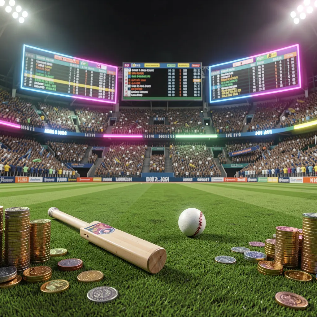 A cinematic 3D render of a packed cricket stadium with a green field, bat and ball, digital live odds panels, and coins illuminated by neon lighting, showcasing the 6444JILI cricket sportsbook scene in Bangladesh A cinematic 3D render of a packed cricket stadium with a green field, bat and ball, digital live odds panels, and coins illuminated by neon lighting, showcasing the 6444JILI cricket sportsbook scene in Bangladesh