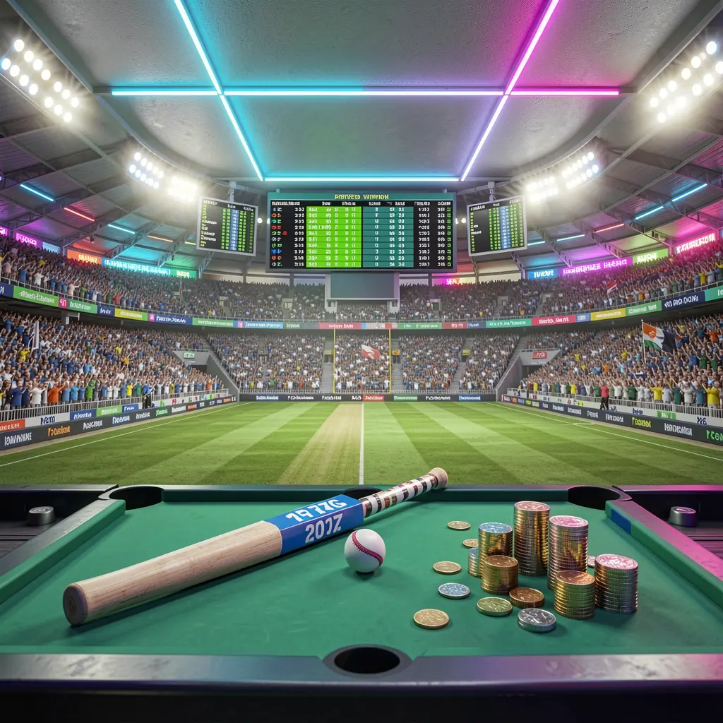 Packed cricket stadium with green field, bat and ball, digital live odds panels, coins and neon lighting in a cinematic 3D render featuring 6444JILI sportsbook scene Packed cricket stadium with green field, bat and ball, digital live odds panels, coins and neon lighting in a cinematic 3D render featuring 6444JILI sportsbook scene