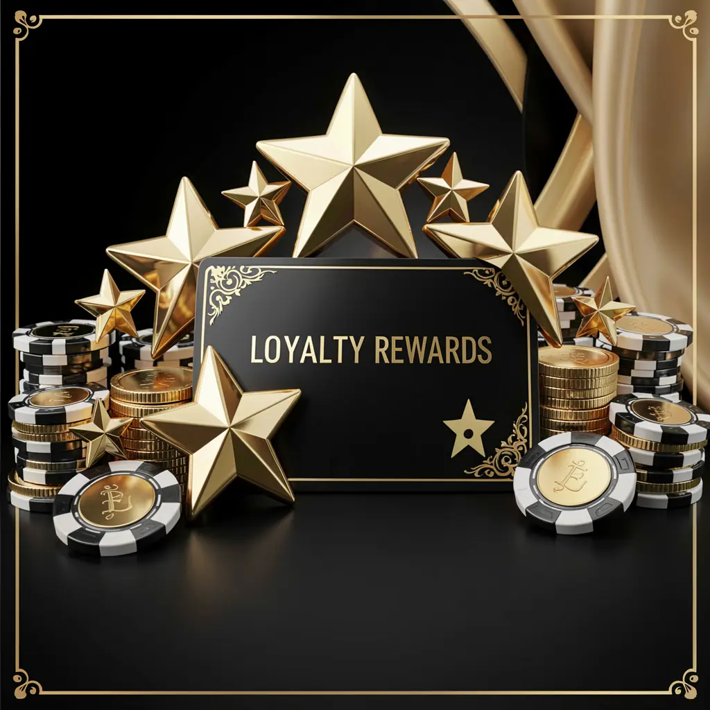 6444JILI loyalty rewards casino image featuring golden stars, poker chips, coins, and a luxury reward card on an elegant black and gold background in a realistic 3D render