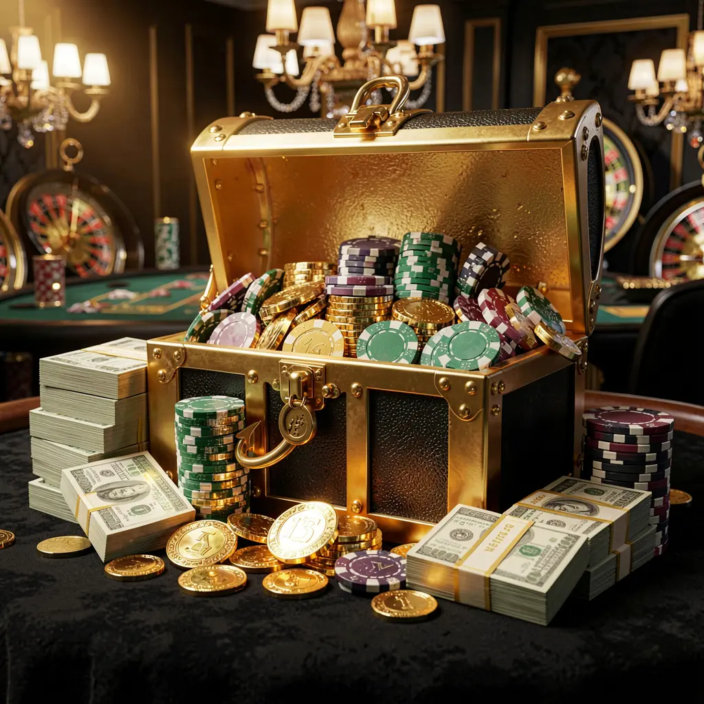 6444JILI casino rewards scene featuring a golden treasure chest overflowing with chips, cash bundles, and sparkling coins in an elegant black and gold style with dramatic lighting