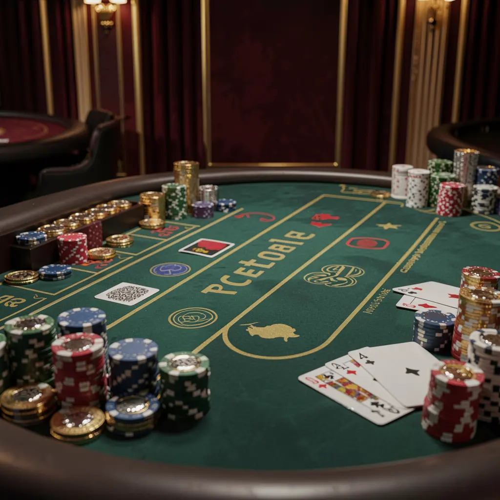 Luxury casino scene featuring a blackjack table with poker cards, stacks of chips, and sparkling coins against a dark red and gold background, showcasing the 6444JILI brand's elegant gaming environment