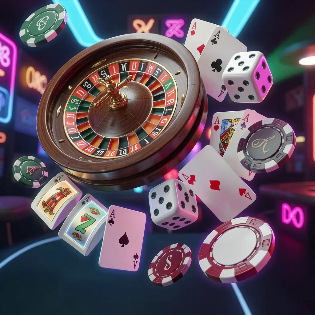 Premium 3D render of an online casino games collection featuring a roulette wheel, blackjack cards, dice, slot symbols, and poker chips floating together with neon glow, showcasing 6444JILI's vibrant casino gaming experience