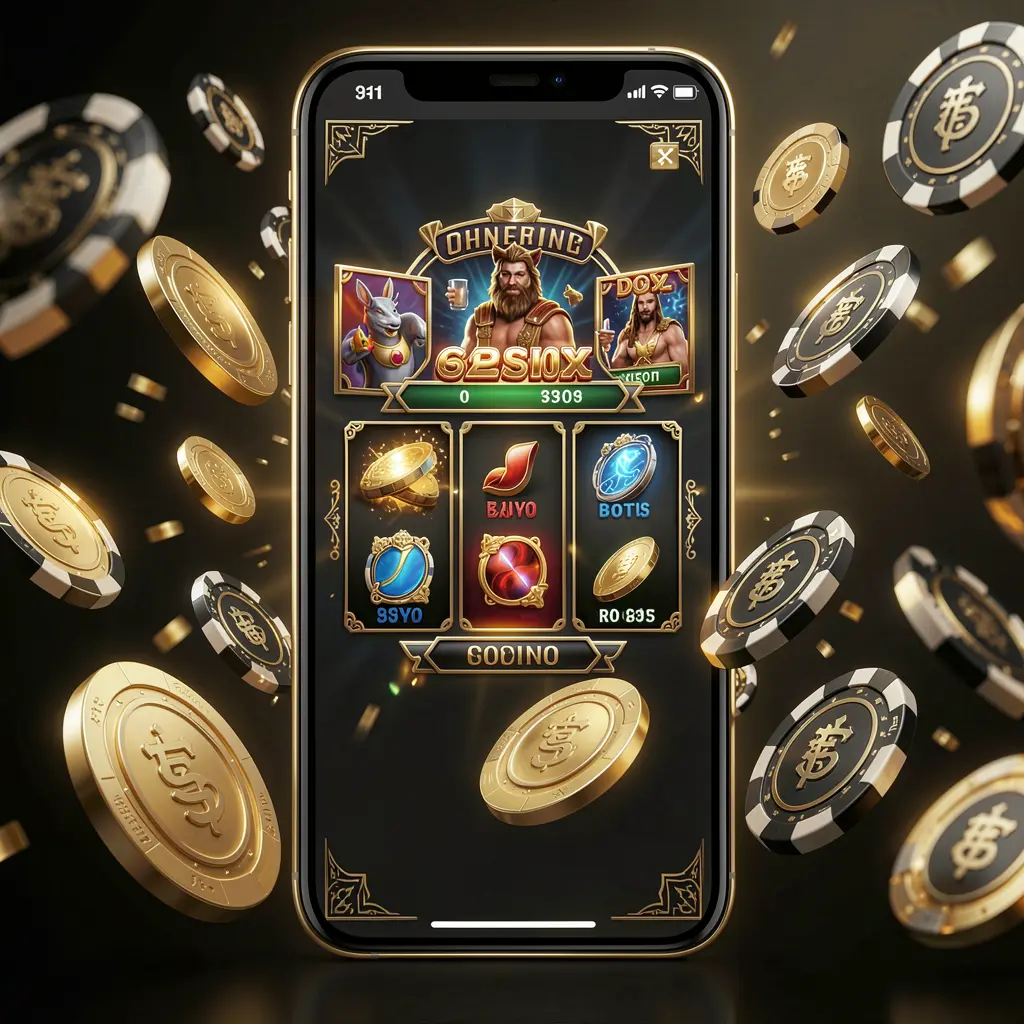 Modern online casino main page visual featuring a smartphone with a glowing gaming interface, coins and chips flying around in a black and gold luxury atmosphere, showcasing 6444JILI brand in a realistic 3D illustration